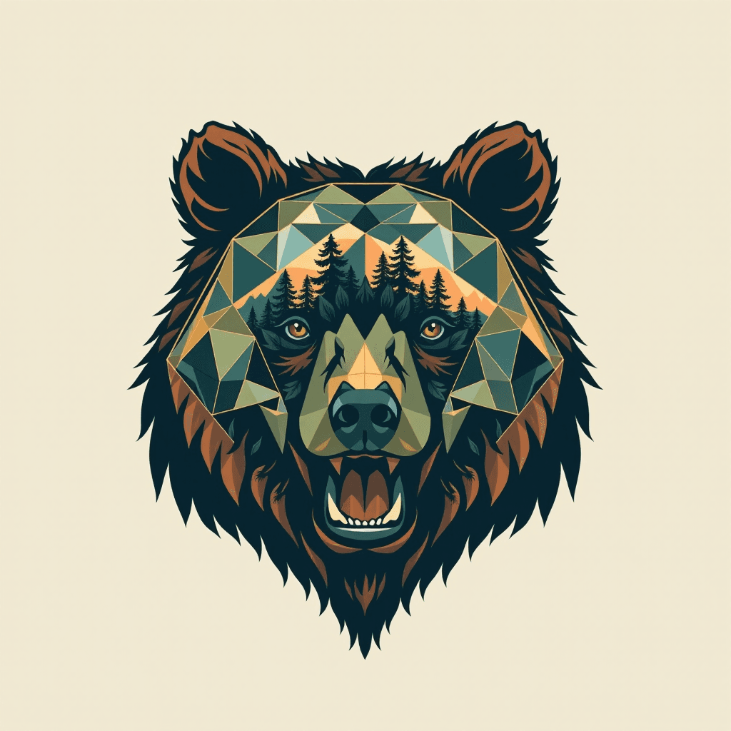 AI generated: Style: Geometric Nature, Animal: Bear "T-shirt print design: A majestic bear's head composed of inte...