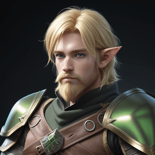 AI generated: Half-Elf male from D&D, shaggy blonde hair, blonde bearded, ranger, black and green leather armor, u...