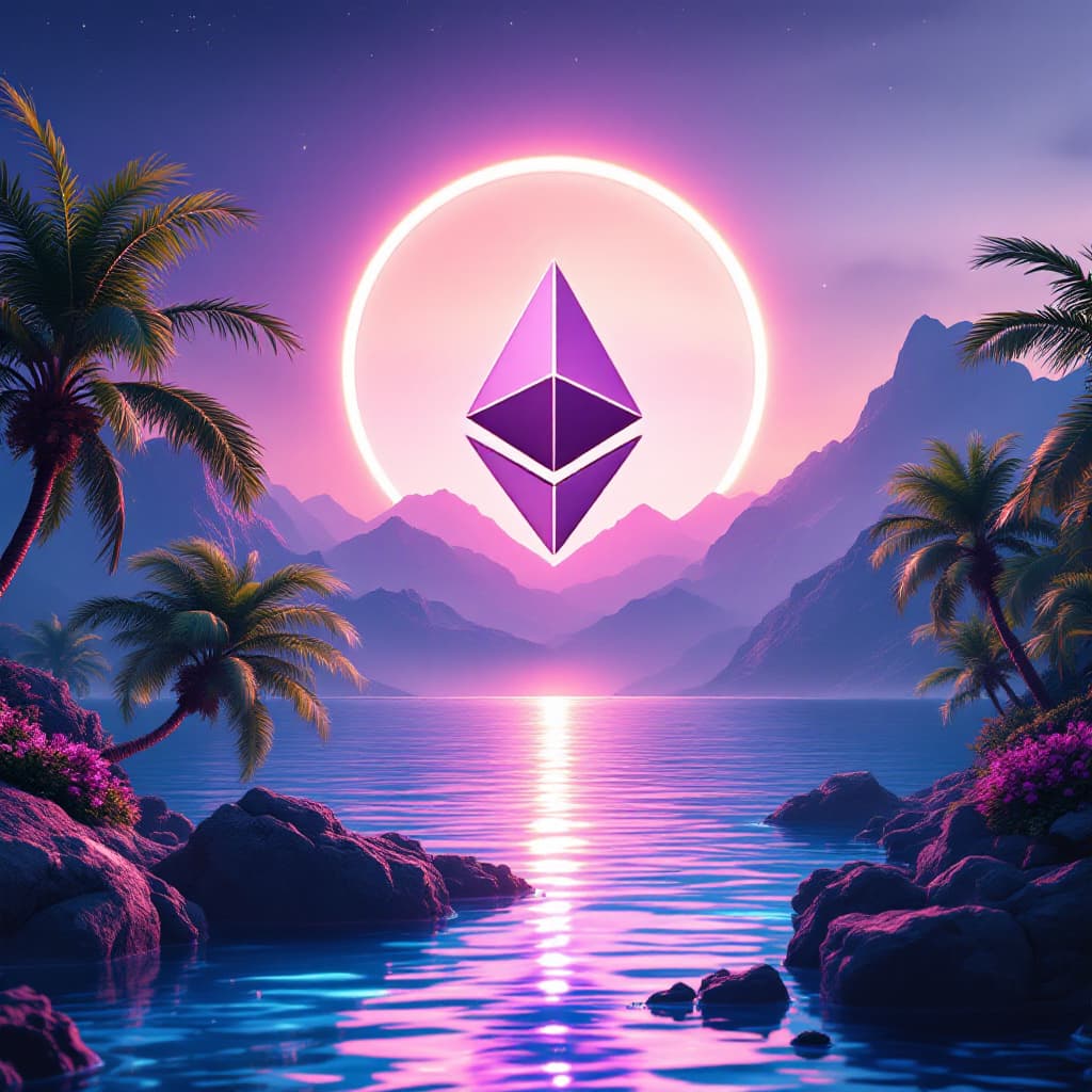 AI generated: A floating Ethereum logo above a glowing vaporwave lake surrounded by crystalline palm trees, the ho...