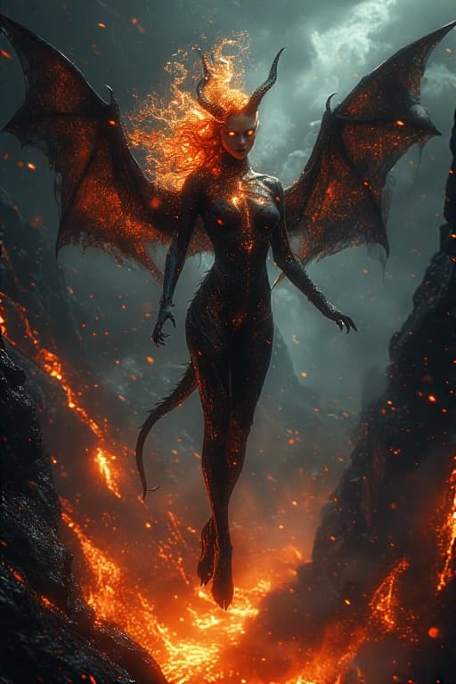 AI generated: fish like skin, Perfectly-centered photograph of a real life female succubus  ((demon)) with batwing...