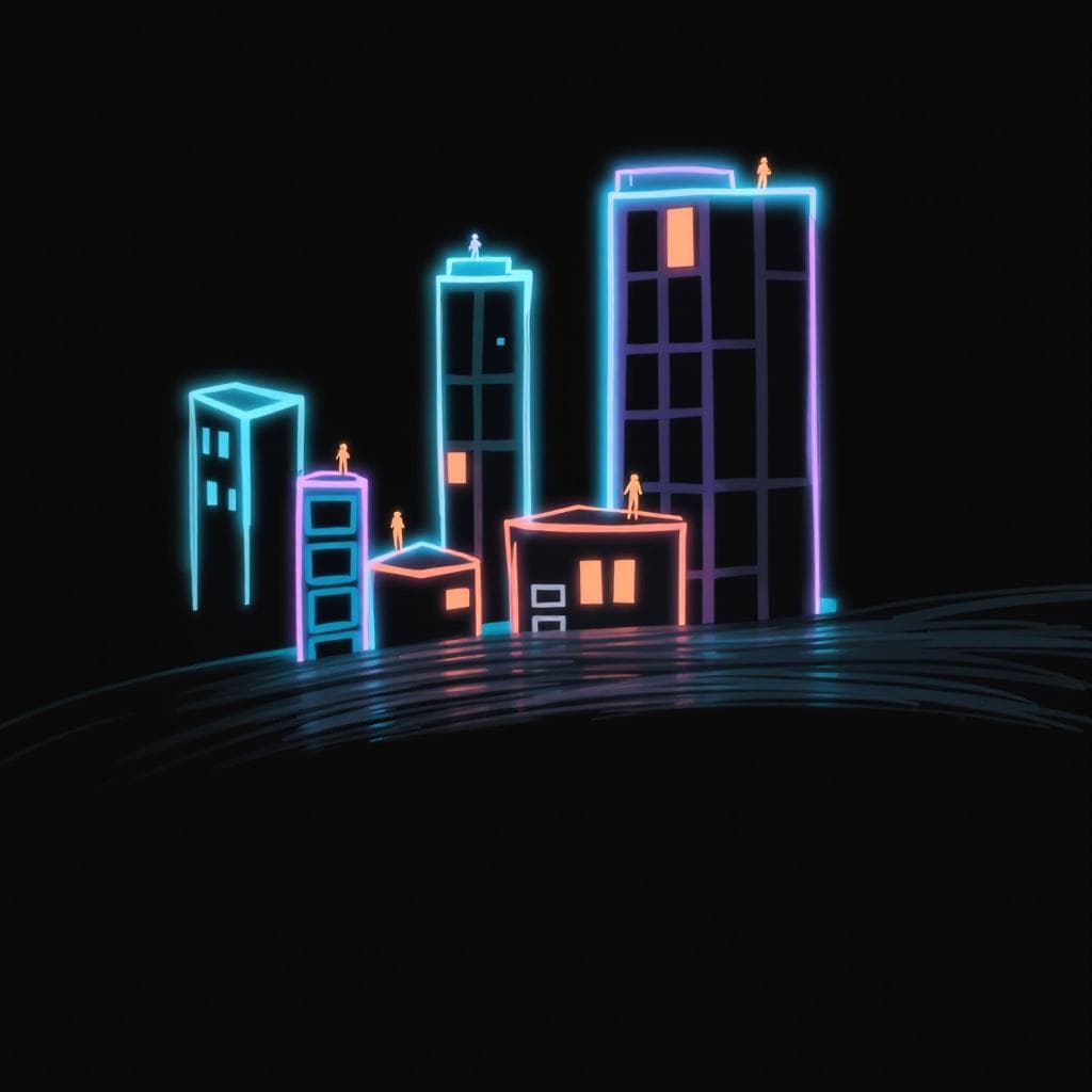 AI generated: {
  "scene_type": "metaphorical cityscape",
  "style": "2D digital illustration, sketch-inspired, ne...
