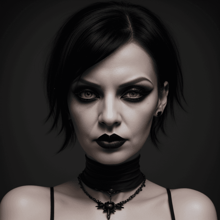 AI generated: hyper realistic headshot photo of a 40 year old gothic woman, elegant, short black hair, slim, skinn...