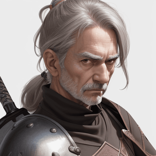 AI generated: (Masterpiece, best quality), bust up view, close-up, ponytail, aged male with a sword, gray hair, ma...