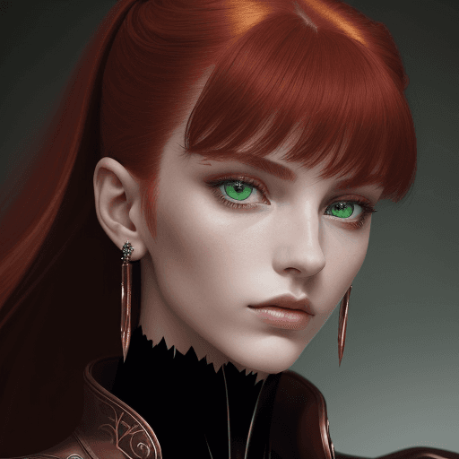 AI generated: Serious female model admiring gaze, medium close-up portrait, with ling red hair and green eyes, loo...
