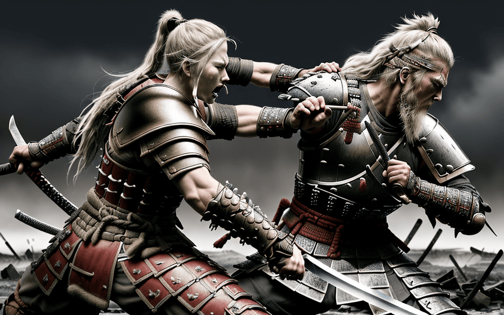 AI generated: An outstanding, high-quality CGI render that portrays an epic battle between a courageous samurai an...