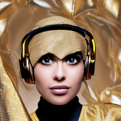 AI generated: a woman wearing a futuristic gold hijab and gold jacket with the futuristic headphones is in gold co...