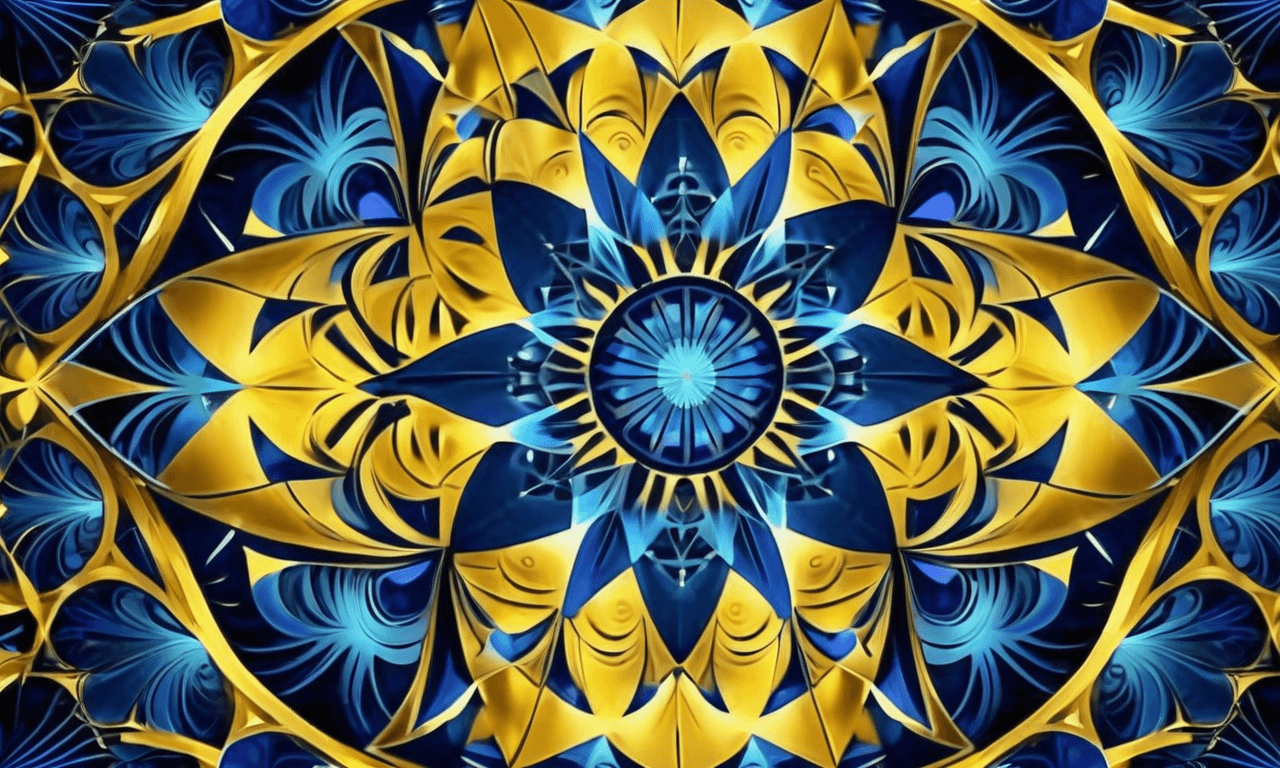 AI generated: an infinite fractal of geometric shapes, perspective, horizontal and vertical symmetry, yellow and b...