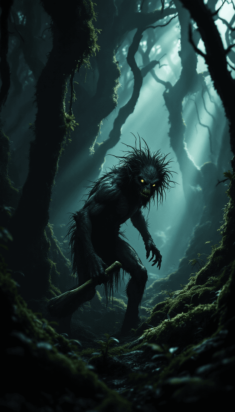 AI generated: The Trauco, a mythical goblin-like creature from the folklore of Chiloé, lurking in the shadows of a...