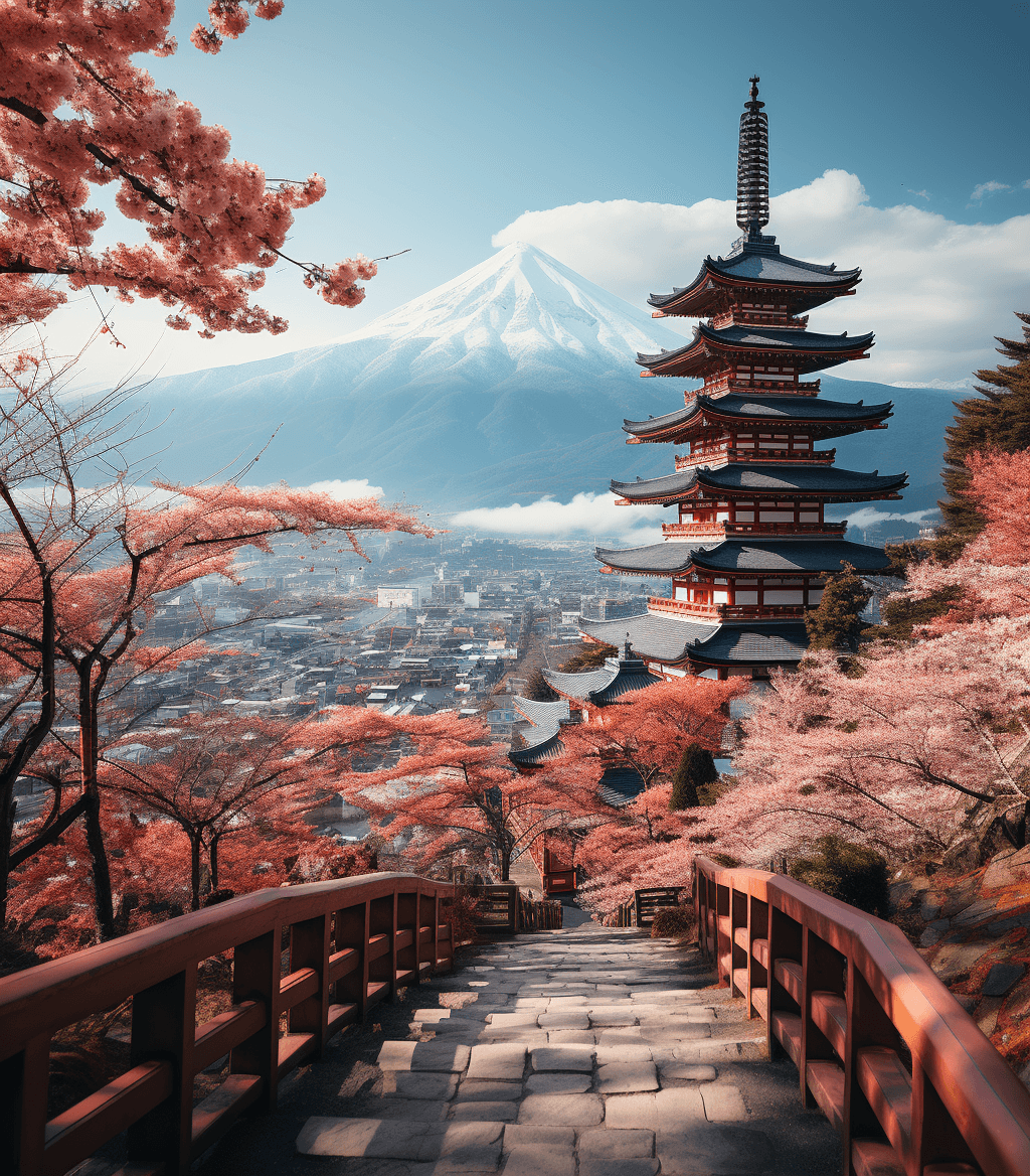 AI generated: a traditional pagoda surrounded by blooming cherry trees, in the style of terraced cityscapes, light...