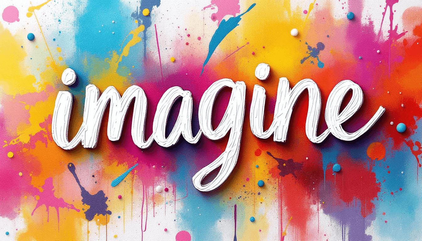 AI generated: lettering "imagine", white color paint, canvas texture, geometric vibrant colorful background --ar 9...