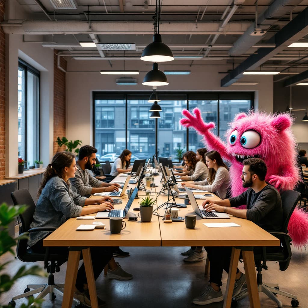 AI generated: open work space for IT developers, macbook computers only, people of diverse background seated infro...