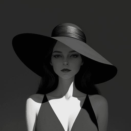 AI generated: a woman in a black dress is wearing a big hat to the right, in the style of clever use of negative s...