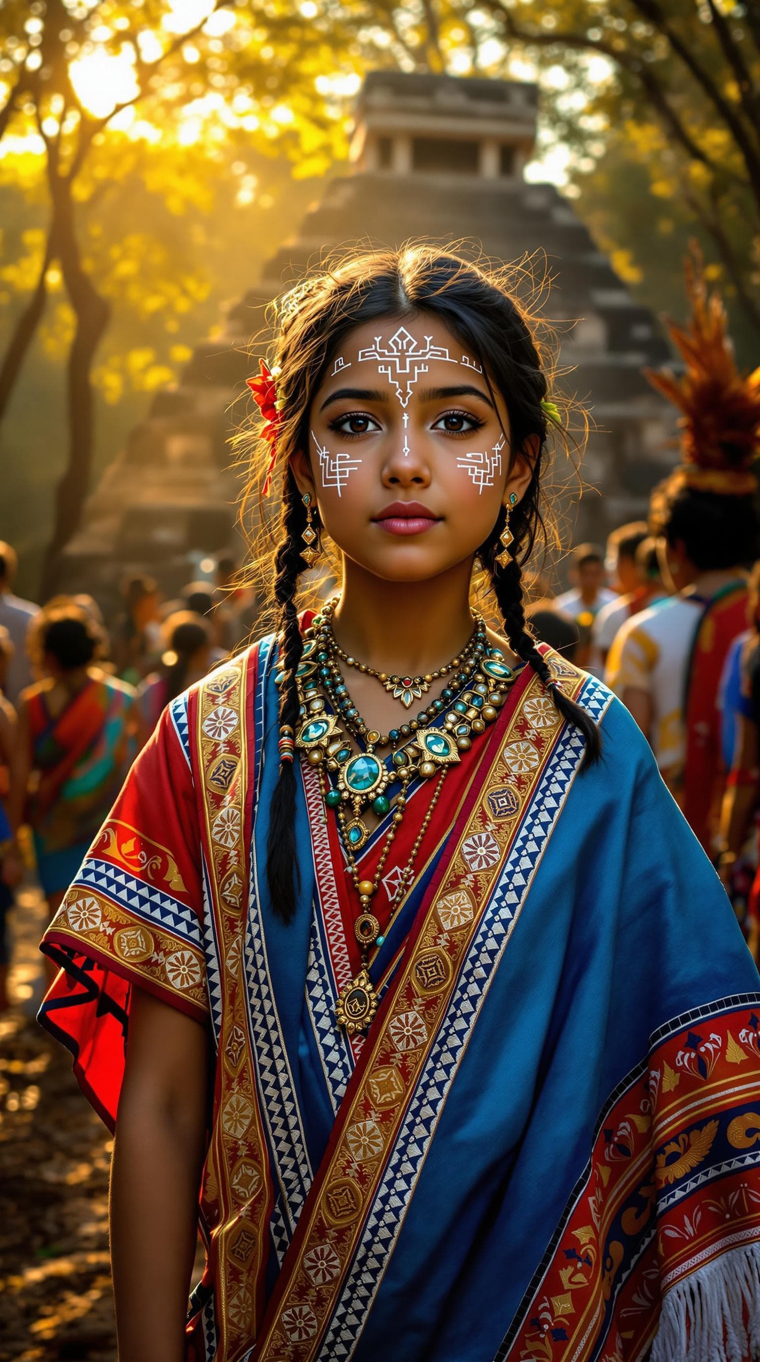 AI generated: Ein junges indigenes Mädchen, etwa 12-14 Jahre alt, steht stolz in einer antiken Mayastadt. Sie träg...