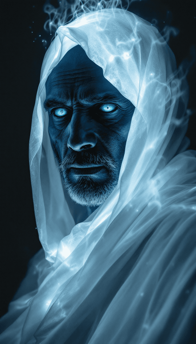 AI generated: a detailed uhd full body portrait of a muted Indian middle aged ghostly male with chilling blue eyes...
