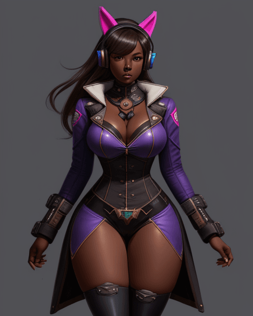 AI generated: dark skin, D.va, dark skin, steampunk, coat, thick thighs