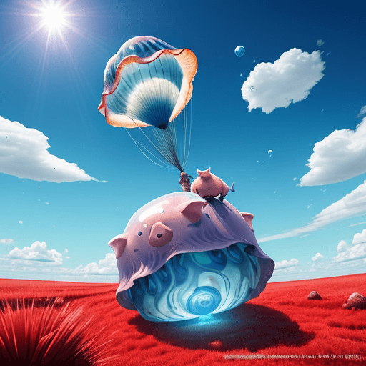 AI generated: Pig riding a giant flying jelly fish over a blue orb in a giant clams open mouth, no people, bright ...