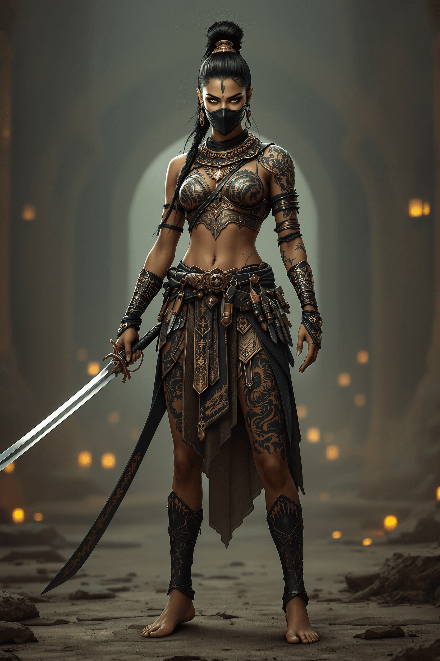 AI generated: An ultra-realistic, full-body portrait of an Indian warrior woman, standing in a strong, battle-read...