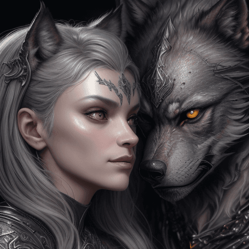 AI generated: A stunningly intricate close up portrait of a couple with a grey werewolf, representing a (((masterp...
