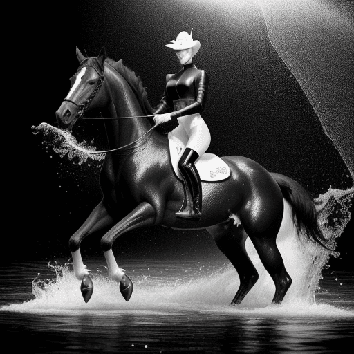 AI generated: a black and white photo of a derby horse in water, mert and marcus, drops, jockey, latino, sequin to...