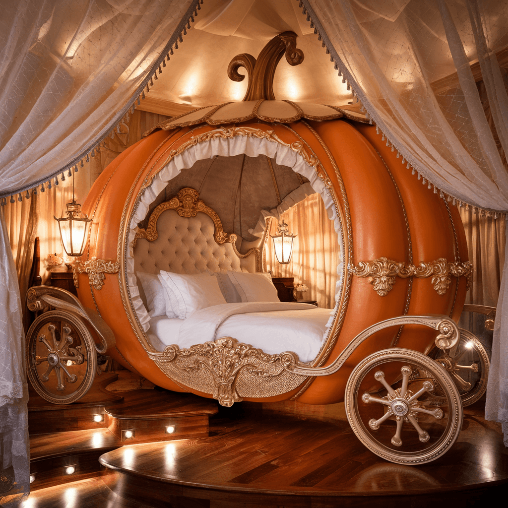 AI generated: An enchanting and opulent bed, designed as a luxurious oversized carriage straight out of a fairytal...