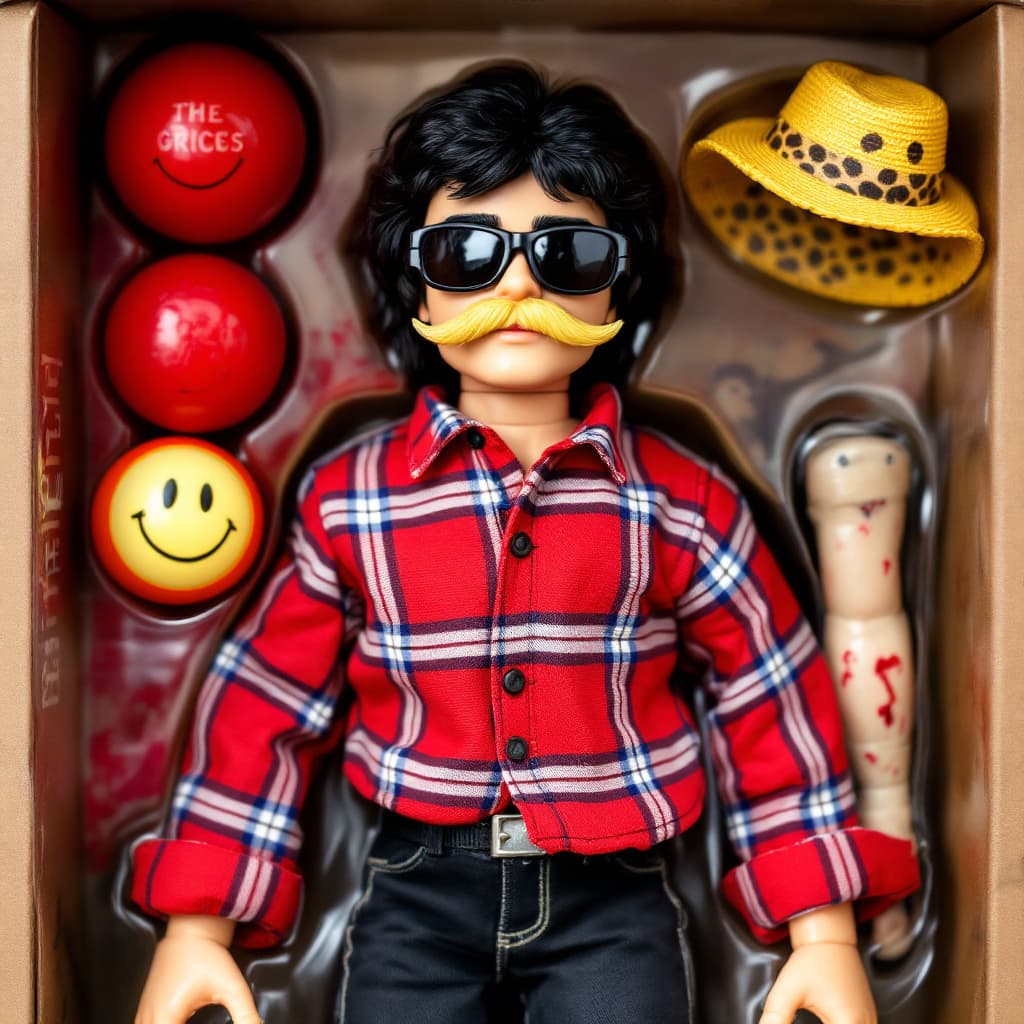AI generated: 80s Kenner Star Wars toy , an action figure with dark hair, the doll toy wears black jeans, a red pl...