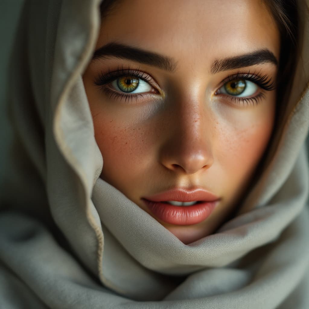 AI generated: Very close-up color portrait of a young Muslim woman who has suffered but who has kept a beautiful a...