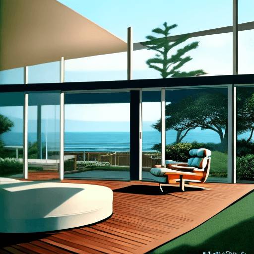 AI generated: Hyper realistic eye level exterior photo of a mid century modern style house overlooking the ocean, ...