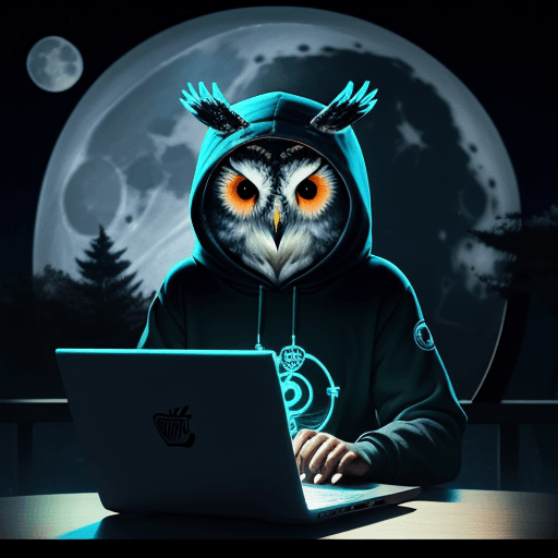 AI generated: Owl wearing a programmer's hoodie working on a laptop under the moon, surrounded by floating code.