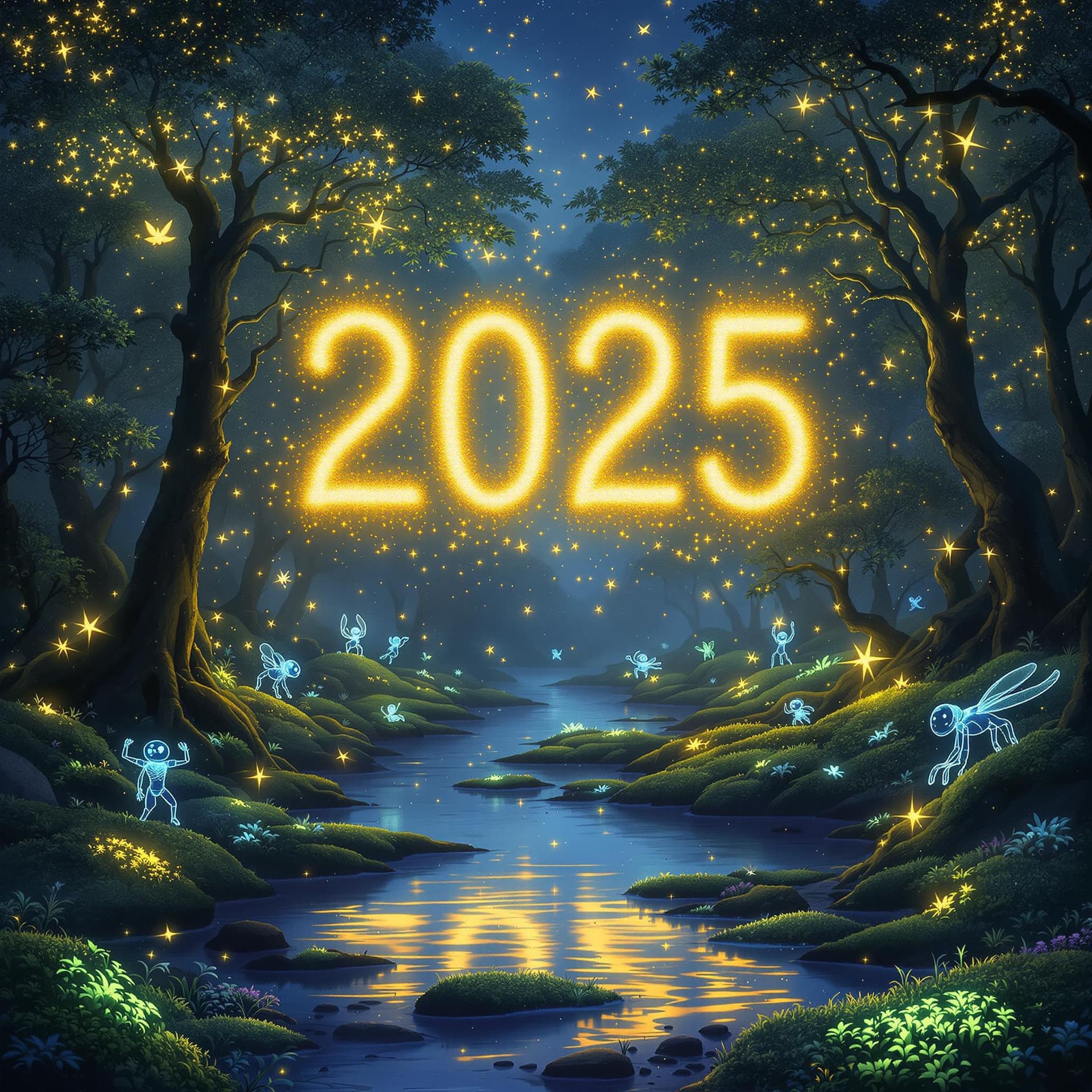 AI generated: A magical forest glowing under a twilight sky, where trees are lit with bioluminescent lights and et...