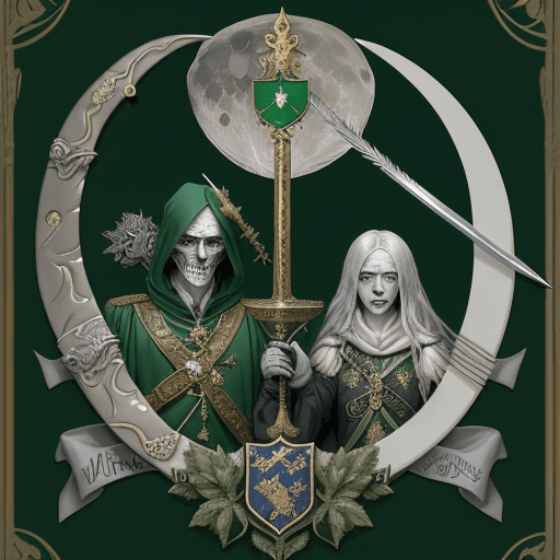 AI generated: Coat of Arms,  Silver Crescent Moon, Emerald Green Laurel Leaves, A Sword and Quill Crossed Behind t...