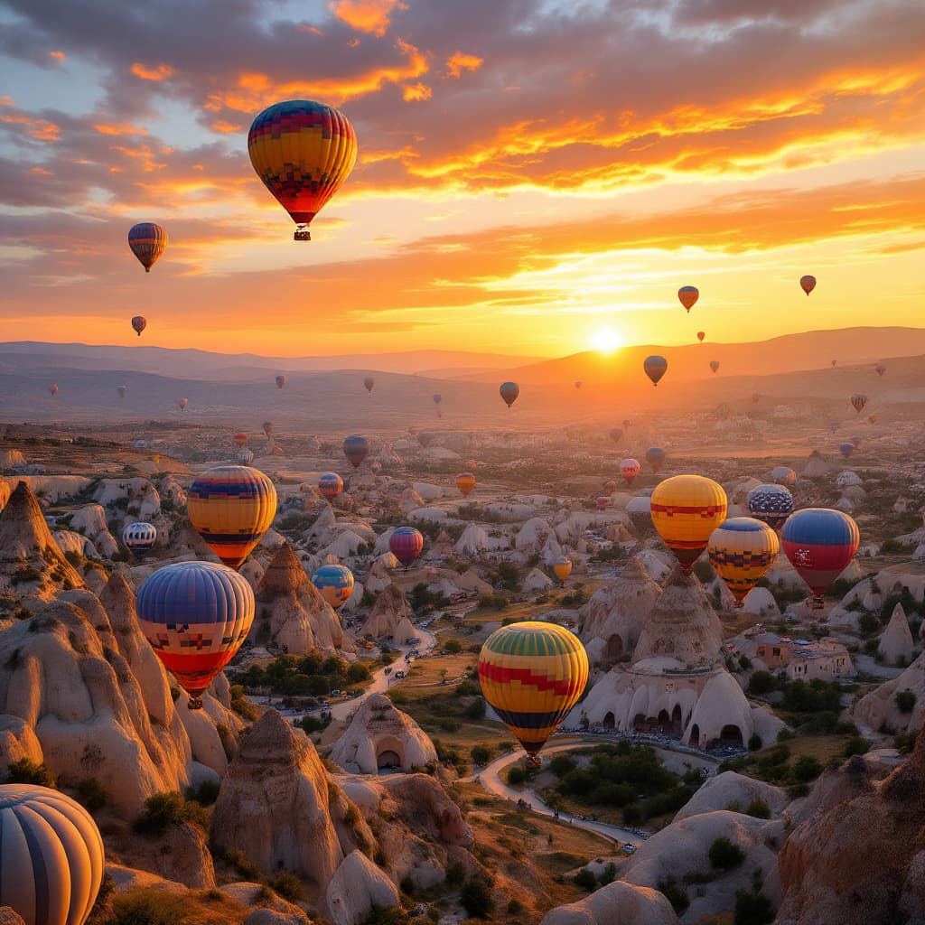 AI generated: image of cappadocia. sunset light. landscape full of hot air ballon, high definition. colorful reali...