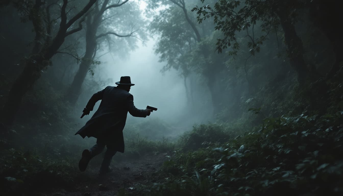 AI generated:  a man wearing black coat and hat running with a pistol in hand towards  a deep jungle