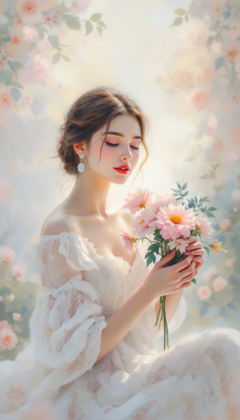 AI generated: Pastel Painting, Soft Colors, Layered Textures, Tranquil, Woman Holding Flowers Arranging, Gentle Po...