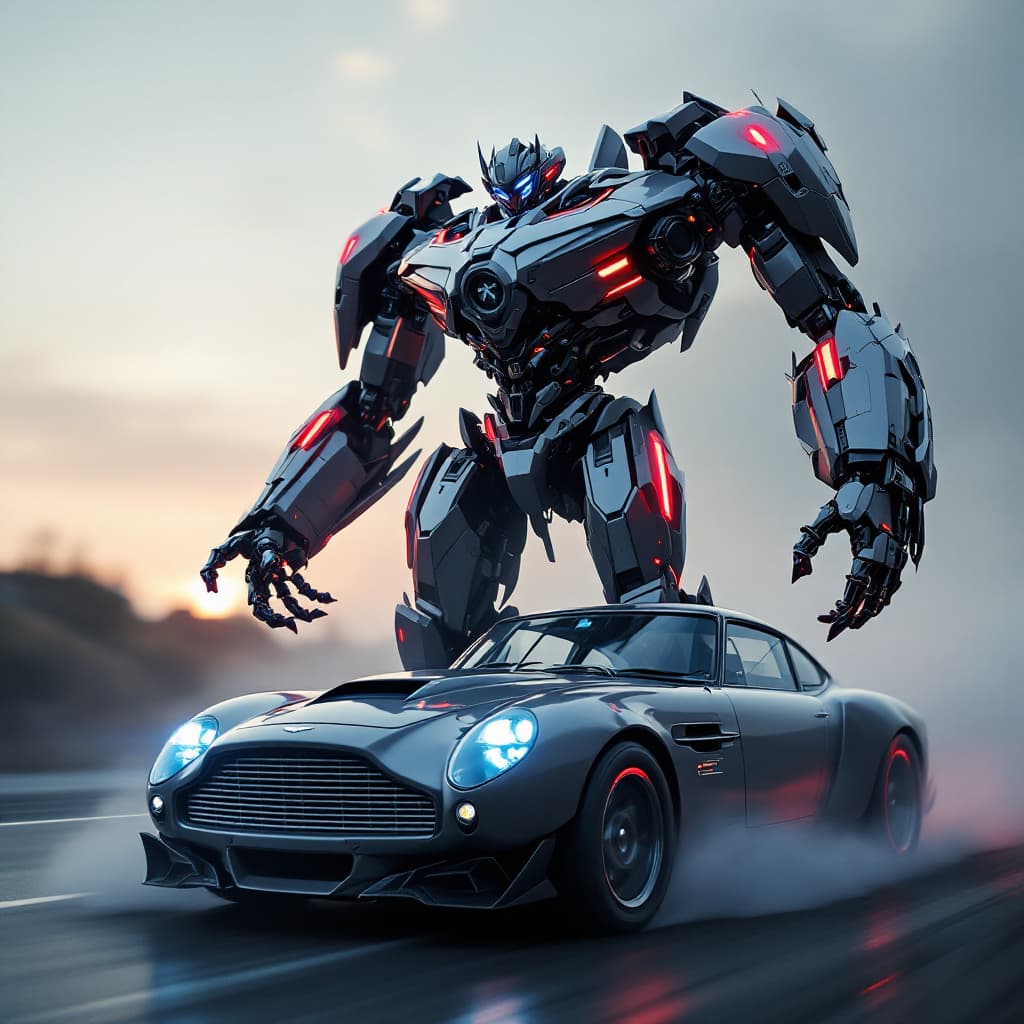AI generated: Aston Martin DB5 transformer. it's in the process of transforming to a robot as it stands up. futuri...