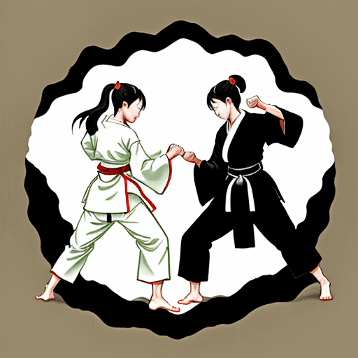 AI generated: two Japanese women karate fighting in a forest, in the style of traditional Japanese ink painting, t...