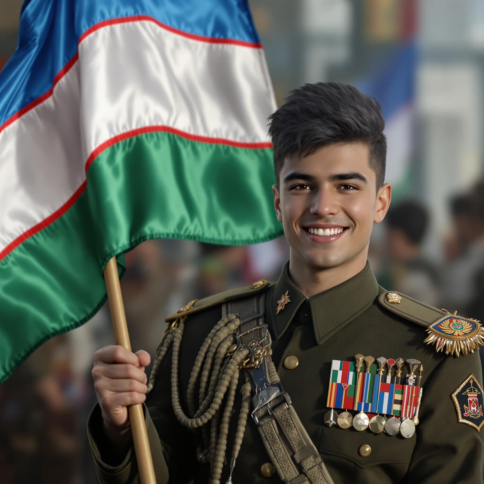 AI generated: A smiling boy dressed in the uniform of a young handsome black-haired Uzbek soldier. With his flag i...