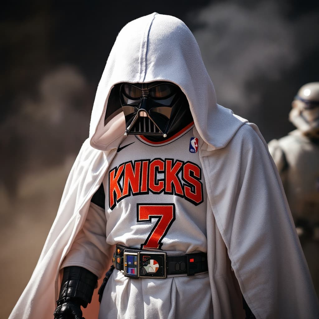 AI generated: Darth Vader, Knicks jersey, white robe black and white