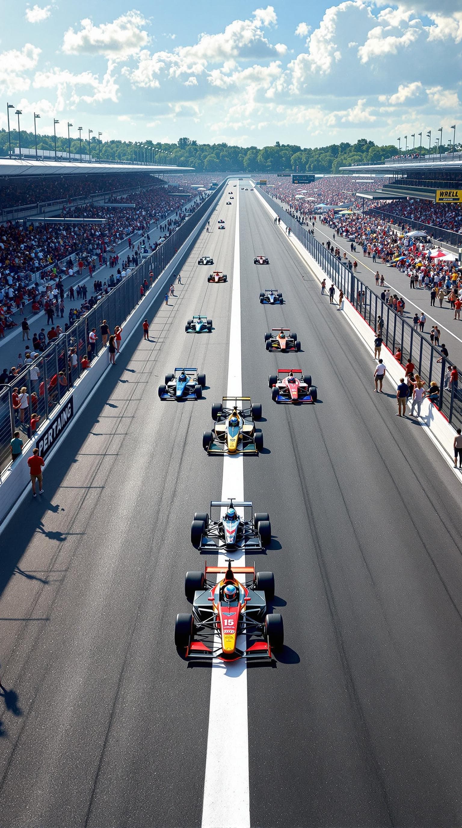 AI generated: Summer. At the start of the race track, (White stripe across the track) there are 5 (five) racing ca...