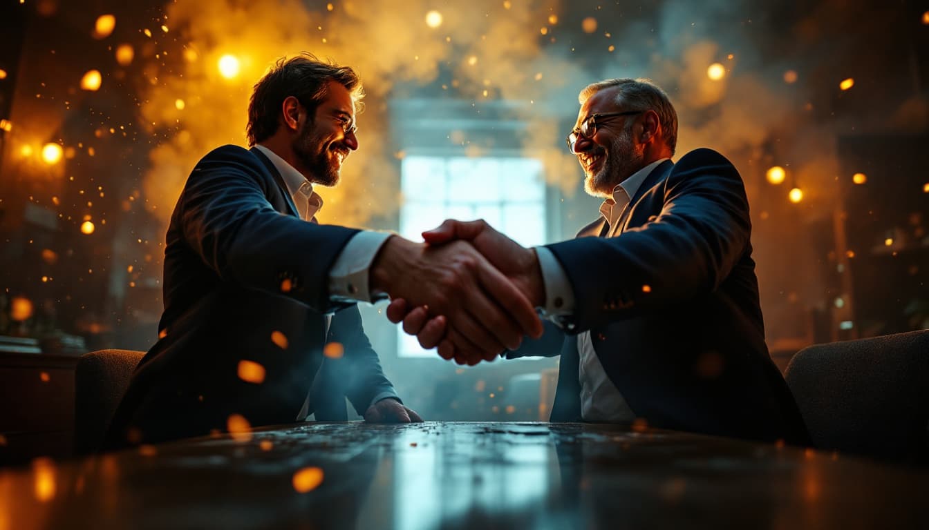 AI generated: 
Dramatic scene of two clients celebrating success, two people shaking hands, surrealism, high defin...