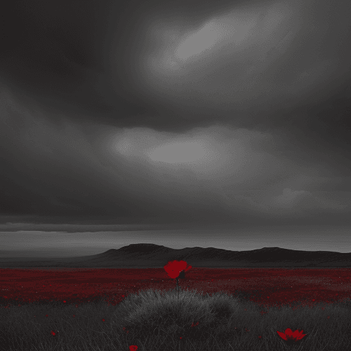 AI generated: A captivating illustration of a single, vibrant red flower standing tall amidst a desolate, gray lan...