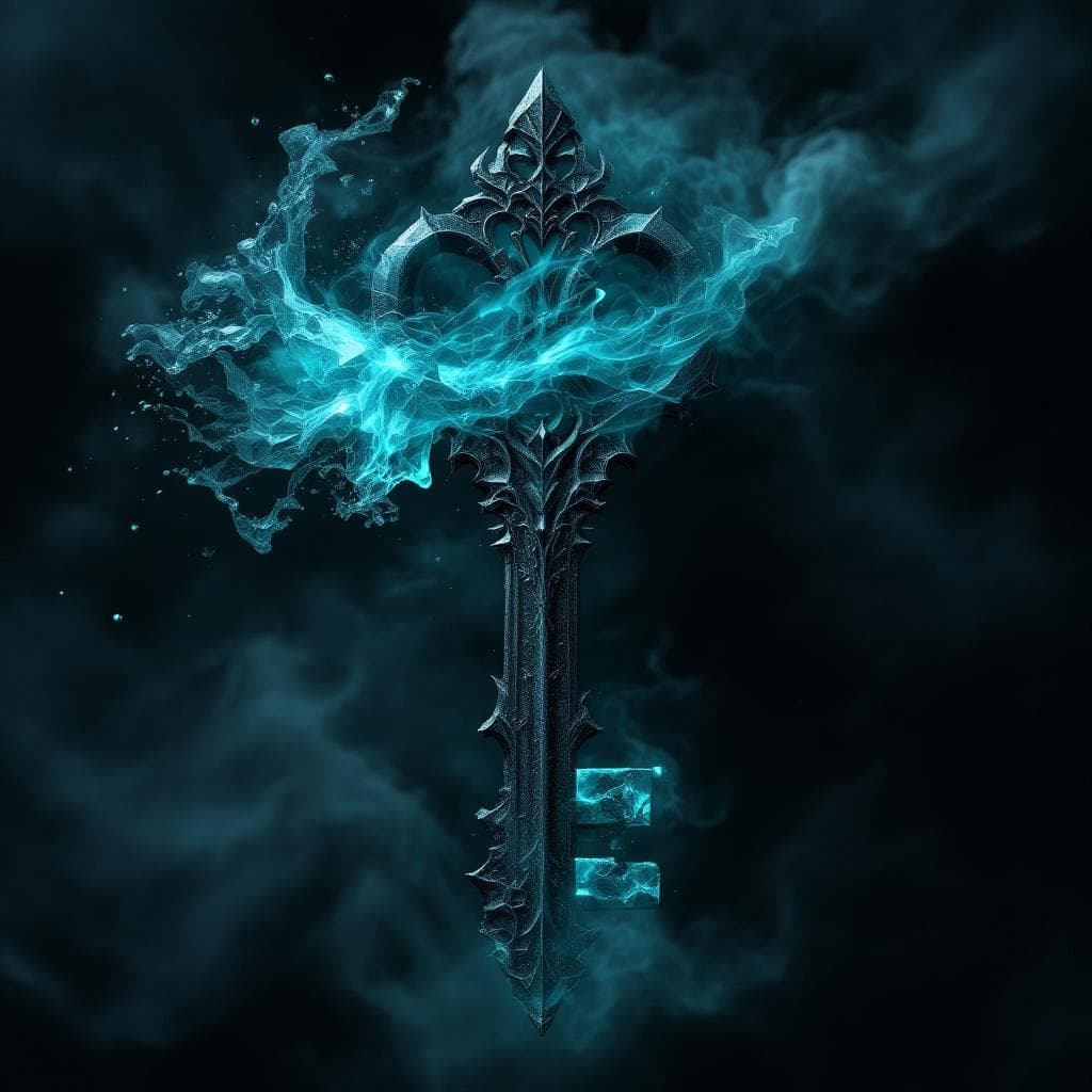 AI generated: Create a key made of black and Teal Quartz with darkness and shadows flowing at the hilt  - Darkness...