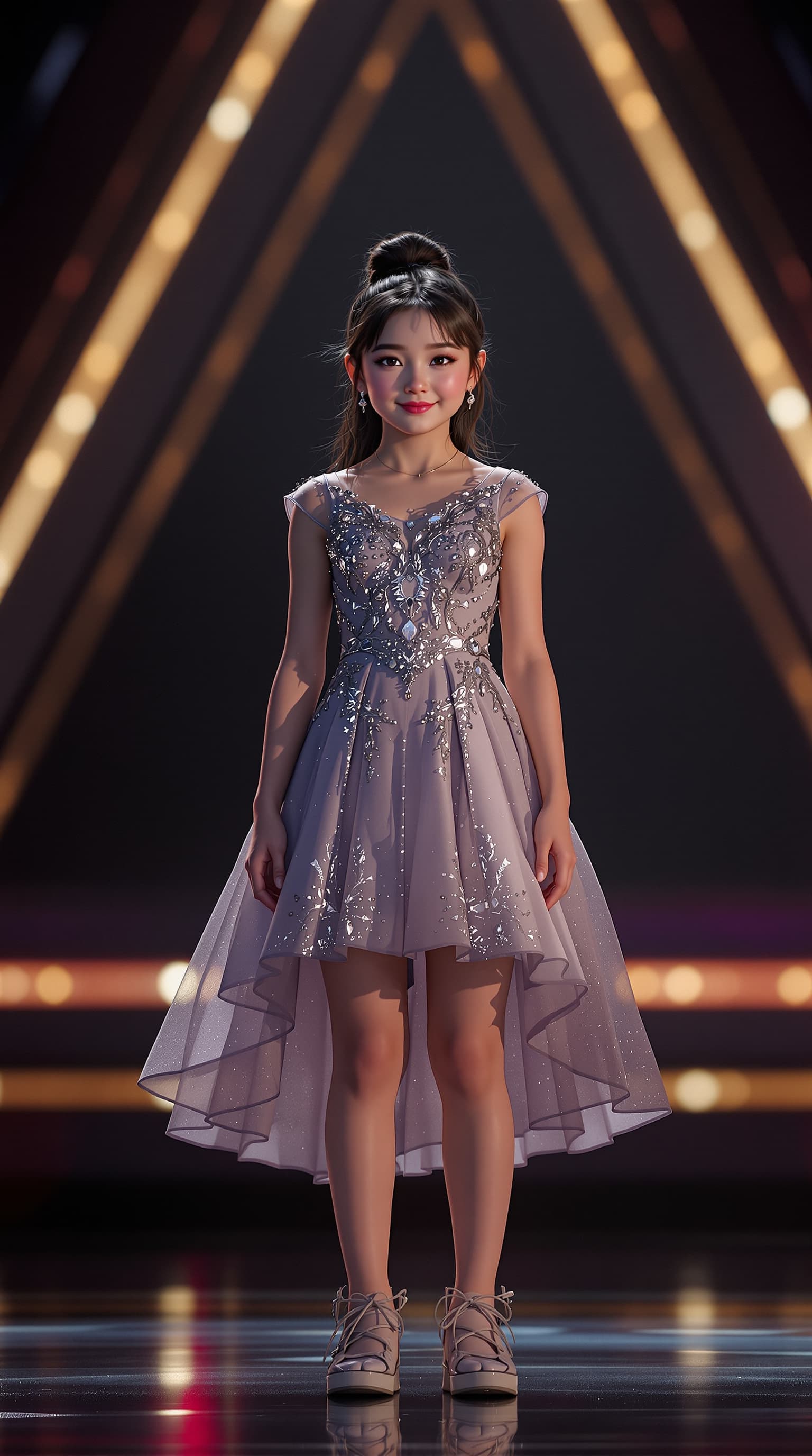 AI generated: A hyper-realistic depiction of a twelve year old Celine Tam, standing on stage at America's Got Tale...