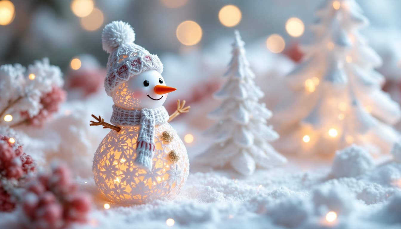 AI generated: Close-up. Snowman and Christmas tree made entirely of handmade snow-white lace for Christmas. Delica...