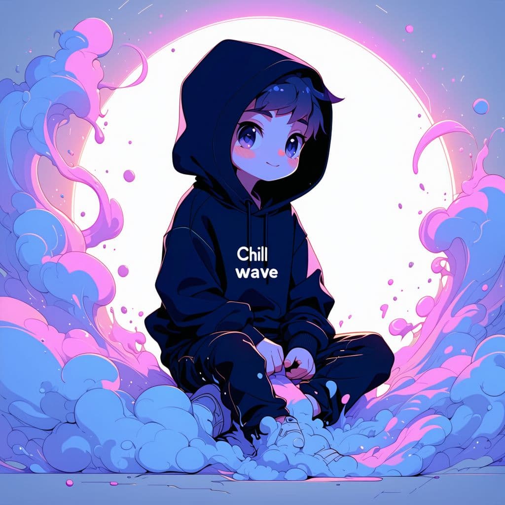 AI generated: A calm cartoon boy in a hoodie with the word “Chillwave”, sitting in a hoodie, vape smoke forming ci...