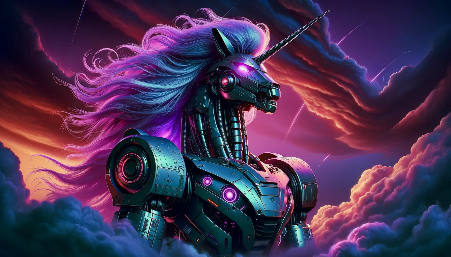 AI generated:  An epic scene of a giant retrofuturistic mecha unicorn, with its hair flowing in the wind and its e...
