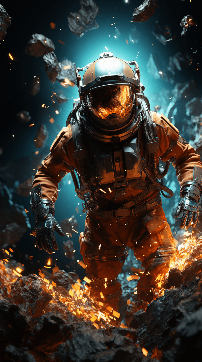 AI generated: space astronaut in spacesuit and flying past lava and fire, in the style of hyperrealistic marine li...