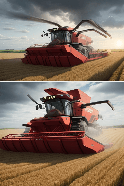 AI generated: depicts a combine harvester. The combine is red and has a futuristic design. It is shown harvesting ...