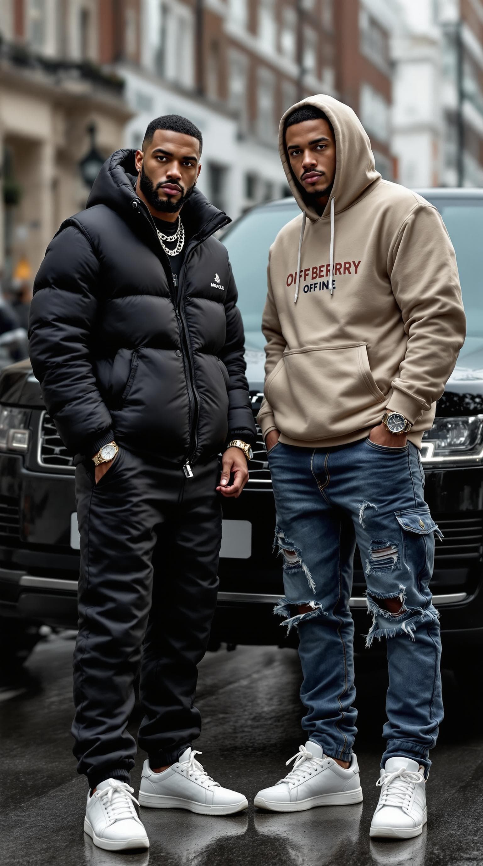 AI generated: Two men with a UK drill-inspired luxury street look, blending roadman vibes with millionaire energy....