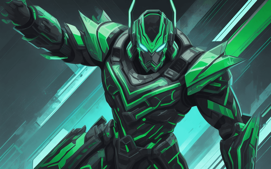 AI generated: brutal man warrior is falling, looking sky,  futuristic, metallic green armor, vector aesthetics, hy...