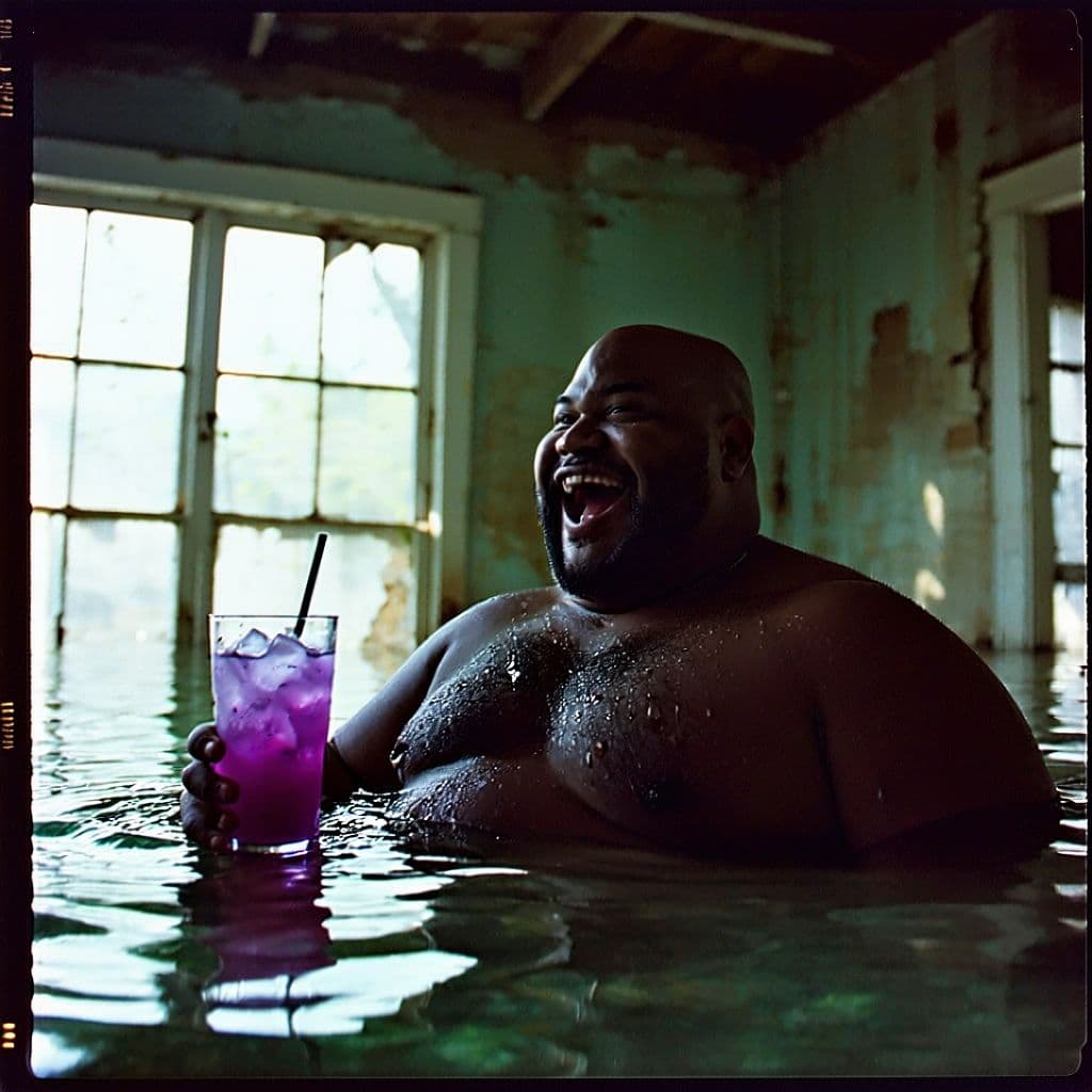 AI generated: grainy 80's photograph quality polaroid of big fat bald elated black man floating with a purple drin...